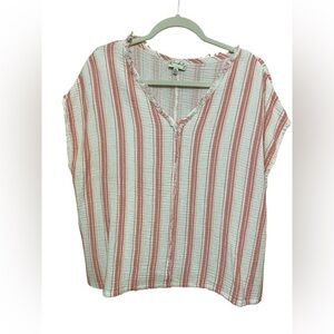 Wonderly Cotton Gauze Peach & White Stripe Top, Size PXL with Frayed Trim.